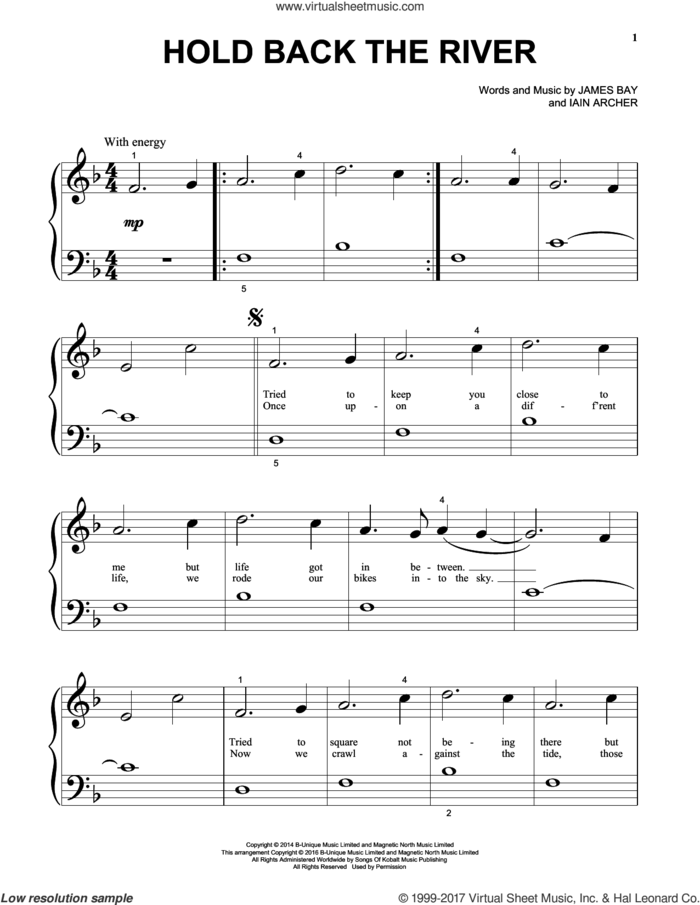Hold Back The River, (beginner) sheet music for piano solo by James Bay and Iain Archer, beginner skill level