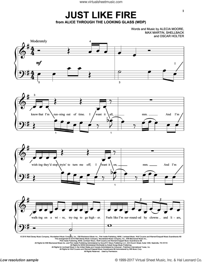 Just Like Fire sheet music for piano solo by Max Martin, Miscellaneous, Alecia Moore, Johan Schuster, Oscar Holter and Shellback, beginner skill level