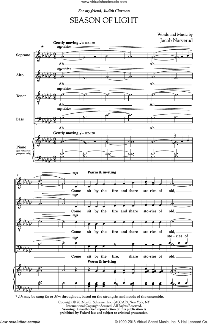 Season Of Light sheet music for choir (SATB: soprano, alto, tenor, bass) by Jacob Narverud, intermediate skill level