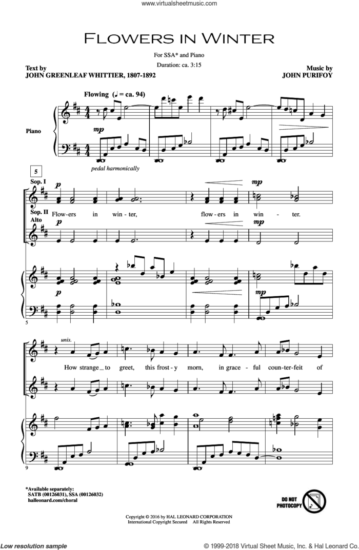 Flowers In Winter sheet music for choir (SSA: soprano, alto) by John Purifoy and John Greenleaf Whittier, intermediate skill level
