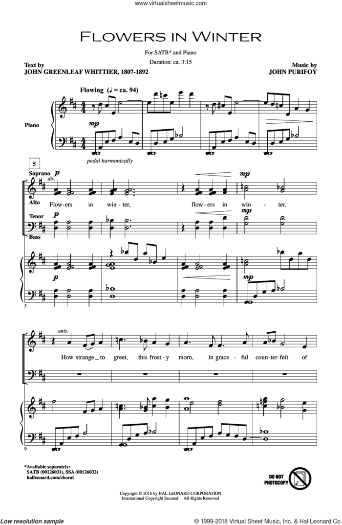 Flowers In Winter sheet music for choir (SATB: soprano, alto, tenor, bass) by John Purifoy and John Greenleaf Whittier, intermediate skill level