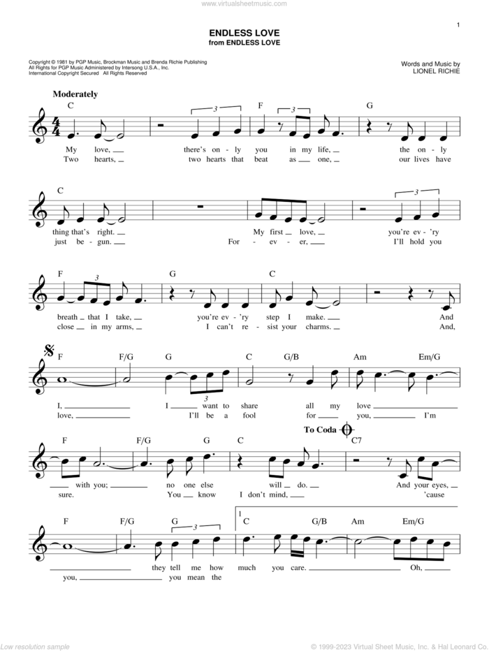 Endless Love sheet music for voice and other instruments (fake book) by Diana Ross & Lionel Richie, Luther Vandross & Mariah Carey and Lionel Richie, wedding score, easy skill level