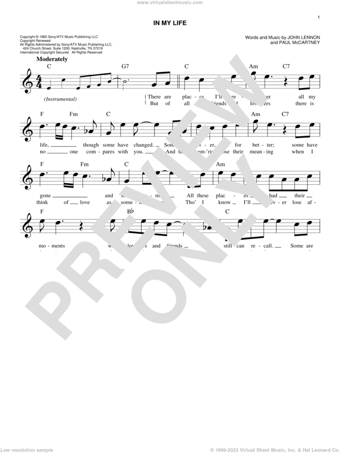 In My Life sheet music for voice and other instruments (fake book) by The Beatles, John Lennon and Paul McCartney, wedding score, easy skill level