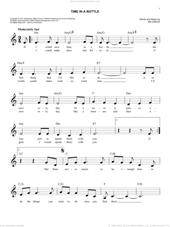 Time In A Bottle sheet music for voice and other instruments (fake book) by Jim Croce, easy skill level