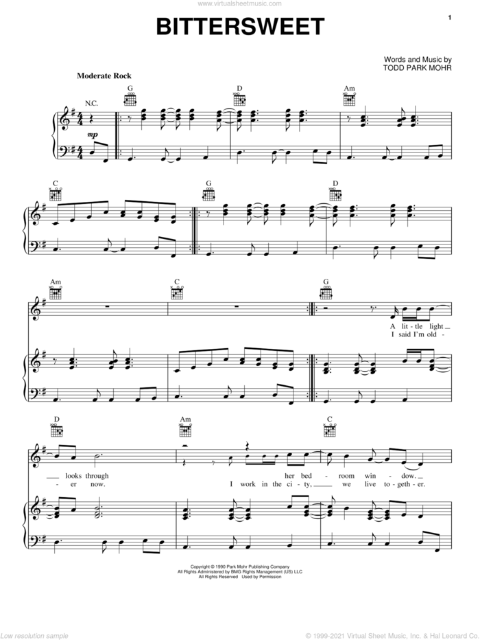 Bittersweet sheet music for voice, piano or guitar by Big Head Todd & The Monsters and Todd Park Mohr, intermediate skill level