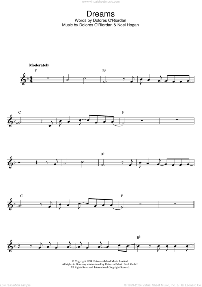 Dreams sheet music for flute solo by The Cranberries and Noel Hogan, intermediate skill level