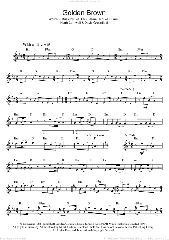 Golden Brown sheet music for flute solo by The Stranglers, David Greenfield, Hugh Cornwell, Jean-Jacques Burnel and Jet Black, intermediate skill level