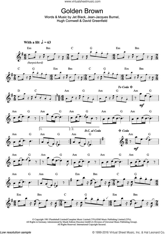 Golden Brown sheet music for saxophone solo by The Stranglers, David Greenfield, Hugh Cornwell, Jean-Jacques Burnel and Jet Black, intermediate skill level