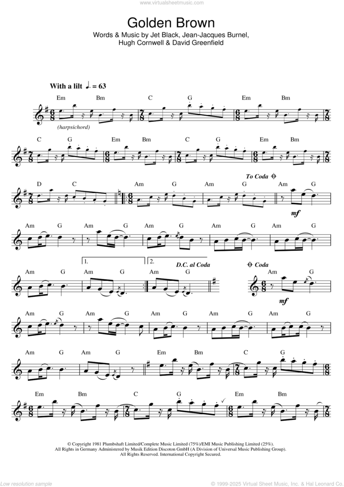 Golden Brown sheet music for saxophone solo by The Stranglers, David Greenfield, Hugh Cornwell, Jean-Jacques Burnel and Jet Black, intermediate skill level