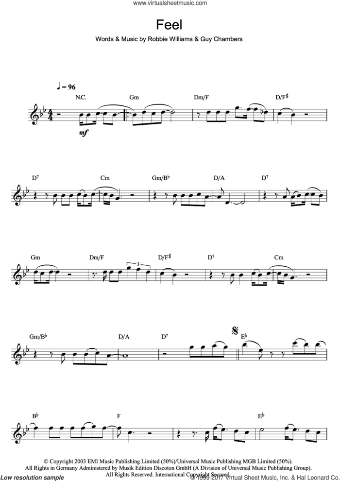 Feel sheet music for flute solo by Robbie Williams and Guy Chambers, intermediate skill level