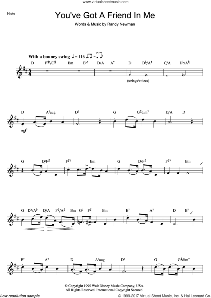 You've Got A Friend In Me (from Toy Story) sheet music for flute solo by Randy Newman, intermediate skill level