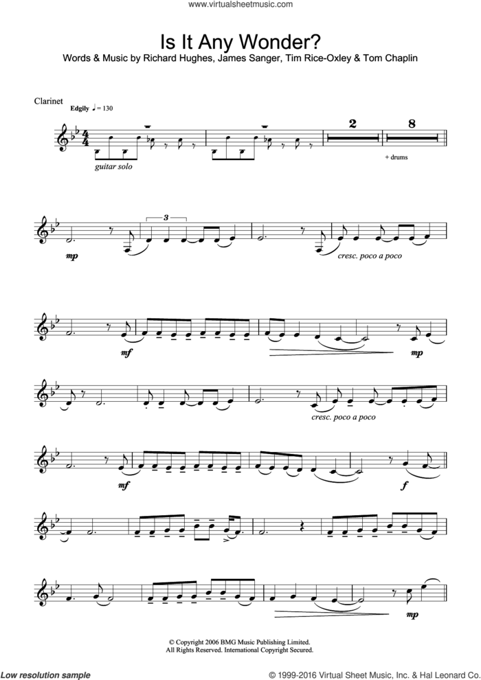 Is It Any Wonder? sheet music for clarinet solo by Tim Rice-Oxley, James Sanger, Richard Hughes and Tom Chaplin, intermediate skill level