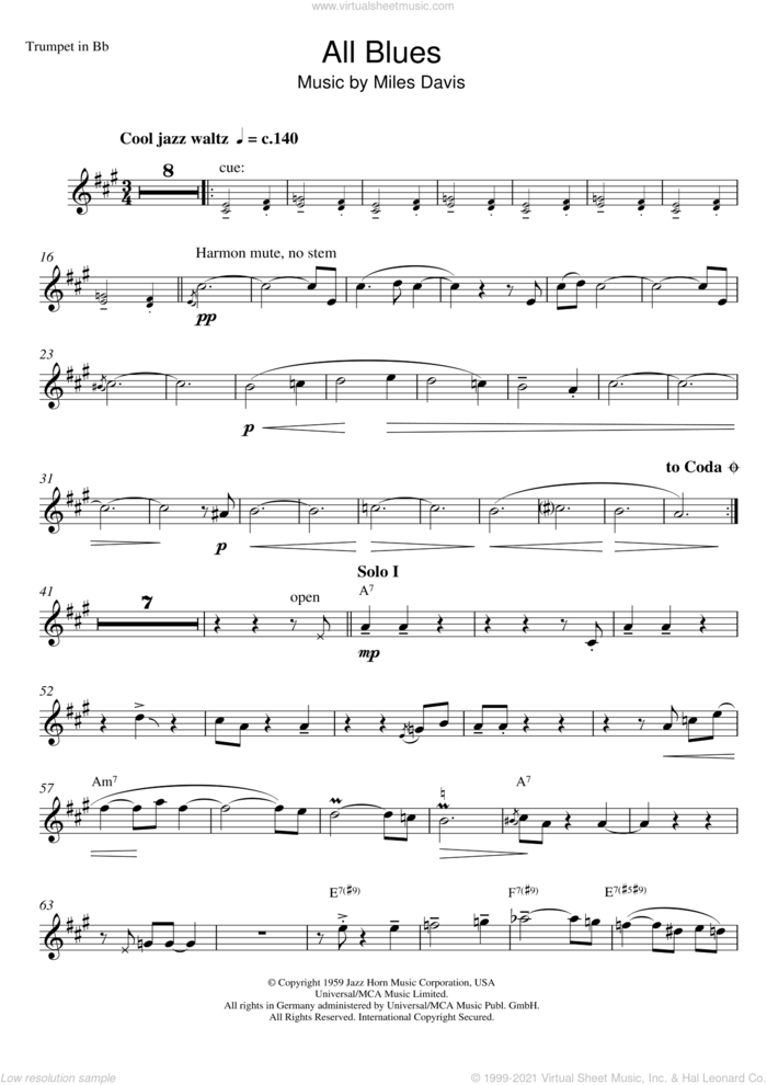 All Blues sheet music for trumpet solo by Miles Davis, intermediate skill level