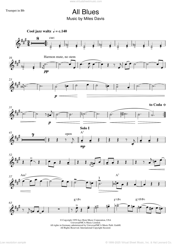 All Blues sheet music for trumpet solo by Miles Davis, intermediate skill level