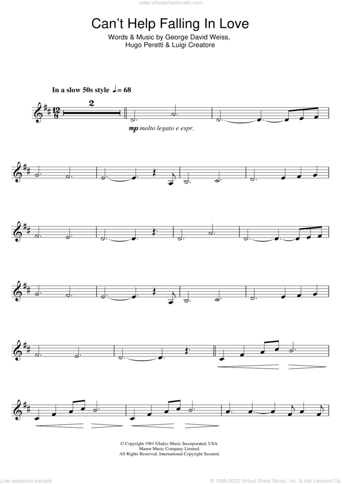 Can't Help Falling In Love sheet music for clarinet solo by Elvis Presley, George David Weiss, Hugo Peretti and Luigi Creatore, wedding score, intermediate skill level