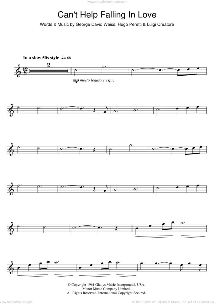 Can't Help Falling In Love sheet music for flute solo by Elvis Presley, George David Weiss, Hugo Peretti and Luigi Creatore, wedding score, intermediate skill level