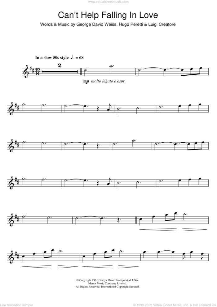 Can't Help Falling In Love sheet music for tenor saxophone solo by Elvis Presley, George David Weiss, Hugo Peretti and Luigi Creatore, wedding score, intermediate skill level