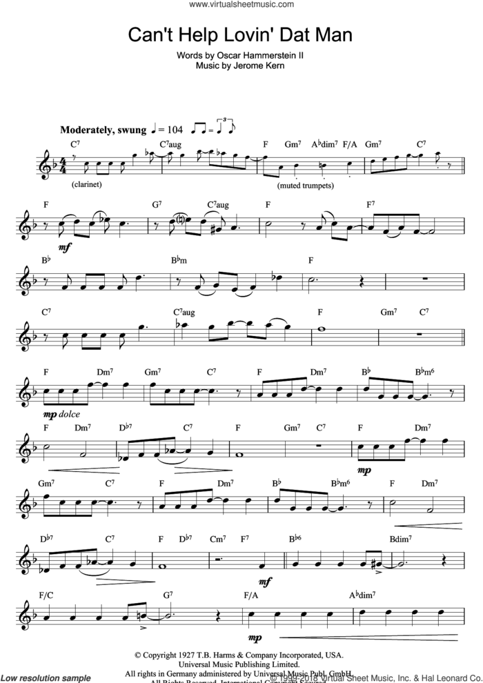 Can't Help Lovin' Dat Man sheet music for flute solo by Jerome Kern and Oscar II Hammerstein, intermediate skill level