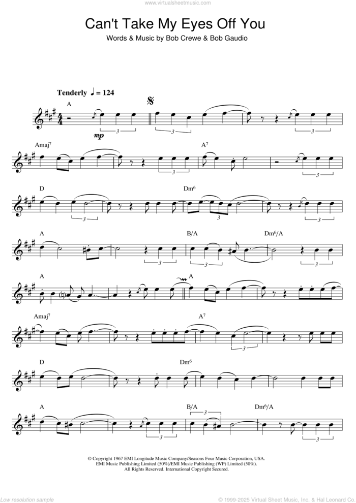 Can't Take My Eyes Off Of You sheet music for saxophone solo by Andy Williams, Frankie Valli, Frankie Valli & The Four Seasons, The Four Seasons, Bob Crewe and Bob Gaudio, wedding score, intermediate skill level