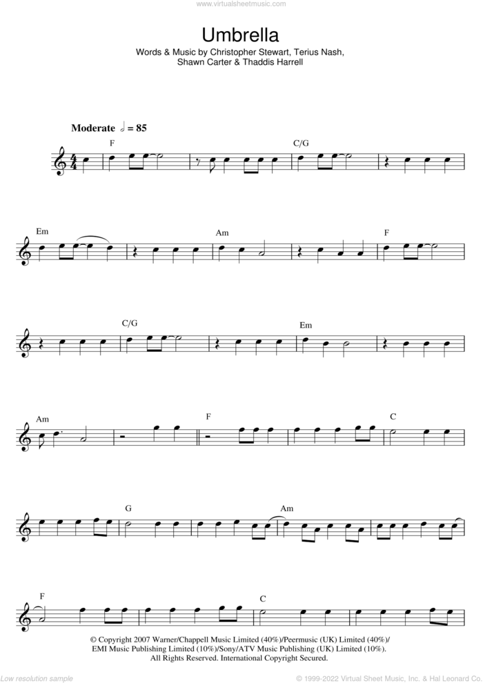 Umbrella sheet music for flute solo by Rihanna, Jay-Z, Rihanna featuring Jay-Z, Christopher Stewart, Shawn Carter, Terius Nash and Thaddis Harrell, intermediate skill level