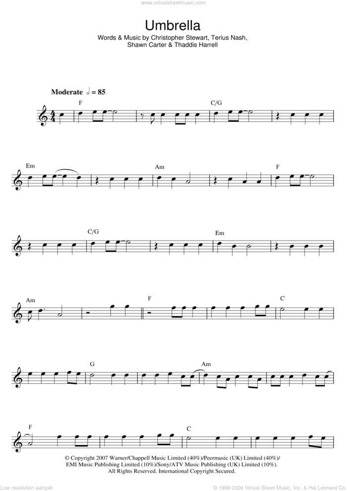 Umbrella sheet music for flute solo by Rihanna, Jay-Z, Rihanna featuring Jay-Z, Christopher Stewart, Shawn Carter, Terius Nash and Thaddis Harrell, intermediate skill level