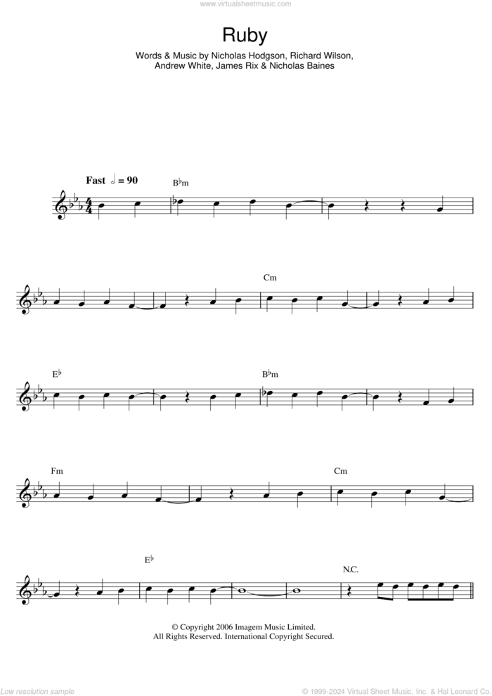 Ruby sheet music for flute solo by Kaiser Chiefs, Andrew White, James Rix, Nicholas Baines, Nicholas Hodgson and Richard Wilson, intermediate skill level