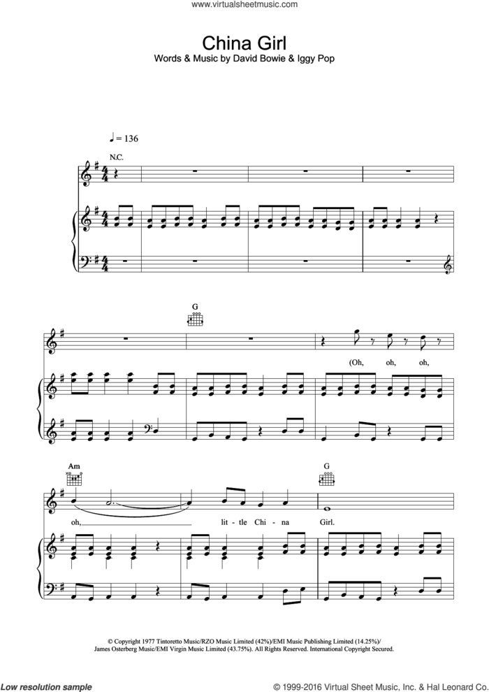 China Girl sheet music for violin solo by David Bowie and Iggy Pop, intermediate skill level