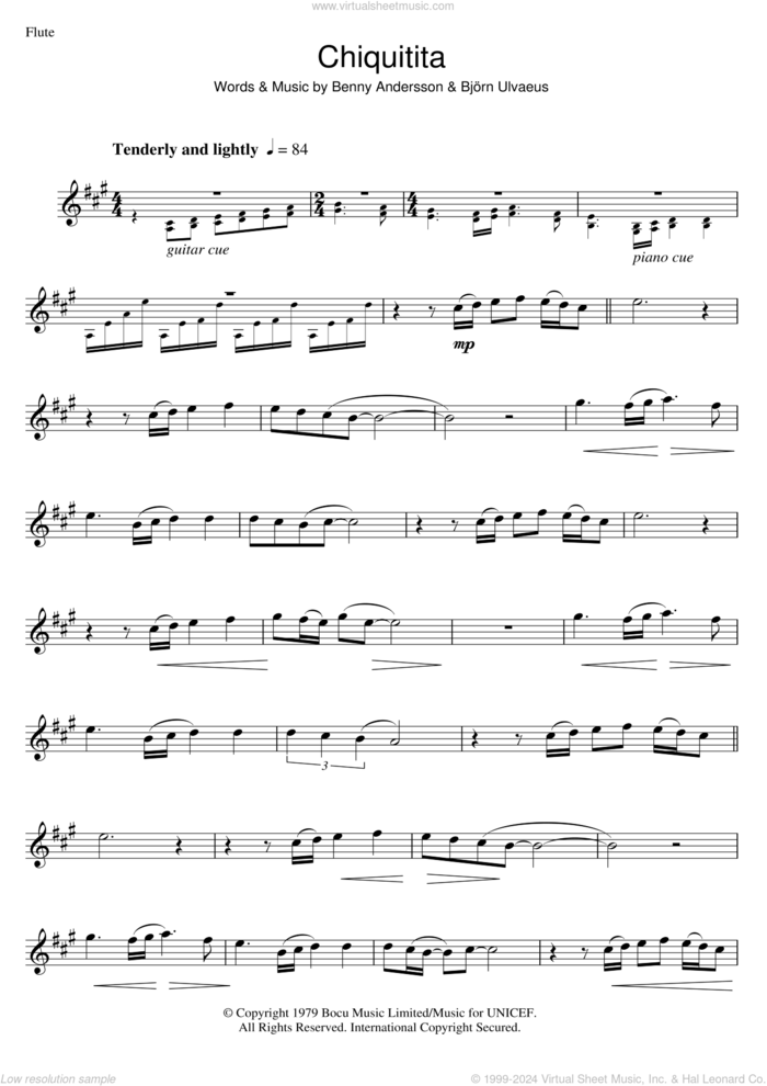 Chiquitita sheet music for flute solo by ABBA, Benny Andersson and Bjorn Ulvaeus, intermediate skill level