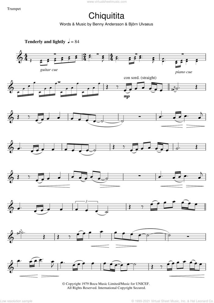 Chiquitita sheet music for trumpet solo by ABBA, Benny Andersson and Bjorn Ulvaeus, intermediate skill level