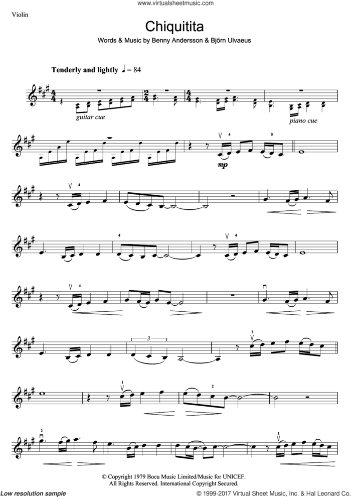 Chiquitita sheet music for violin solo by ABBA, Benny Andersson and Bjorn Ulvaeus, intermediate skill level