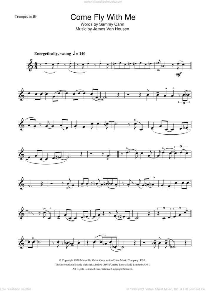 Come Fly With Me sheet music for trumpet solo by Frank Sinatra, Jimmy Van Heusen and Sammy Cahn, intermediate skill level
