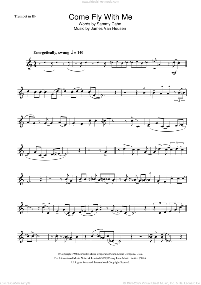 Come Fly With Me sheet music for trumpet solo by Frank Sinatra, Jimmy Van Heusen and Sammy Cahn, intermediate skill level