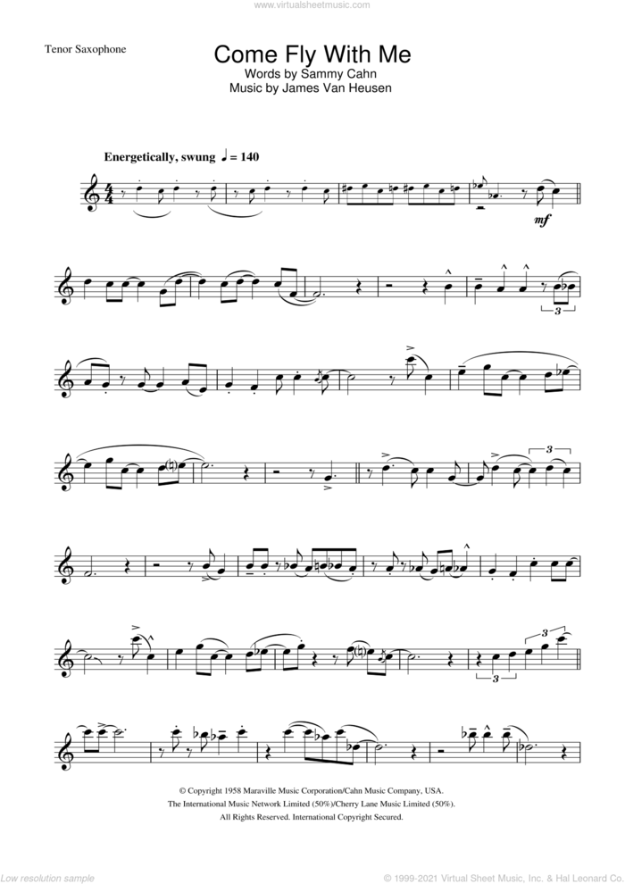 Come Fly With Me sheet music for tenor saxophone solo by Frank Sinatra, Jimmy Van Heusen and Sammy Cahn, intermediate skill level