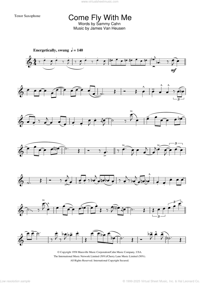 Come Fly With Me sheet music for tenor saxophone solo by Frank Sinatra, Jimmy Van Heusen and Sammy Cahn, intermediate skill level