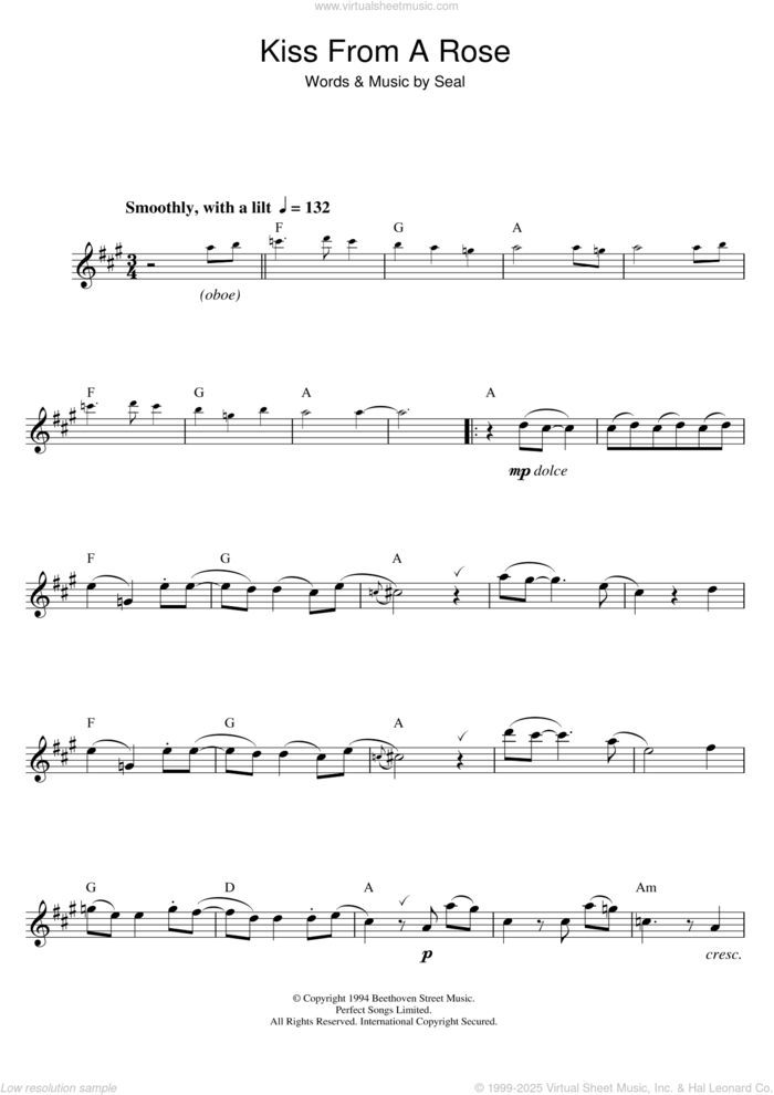 Kiss From A Rose sheet music for saxophone solo by Manuel Seal, intermediate skill level