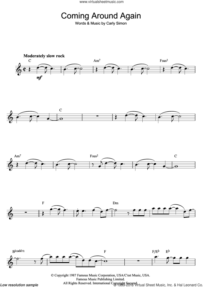 Coming Around Again sheet music for flute solo by Carly Simon, intermediate skill level