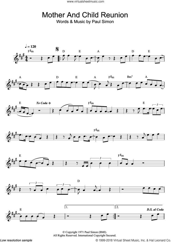 Mother And Child Reunion sheet music for flute solo by Paul Simon, intermediate skill level