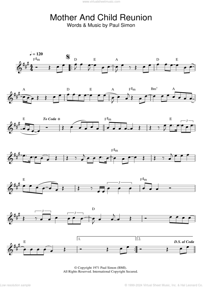 Mother And Child Reunion sheet music for flute solo by Paul Simon, intermediate skill level