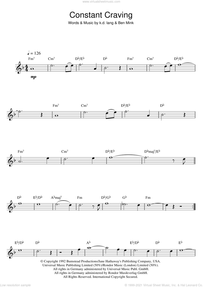 Constant Craving sheet music for saxophone solo by k.d. lang and Ben Mink, intermediate skill level