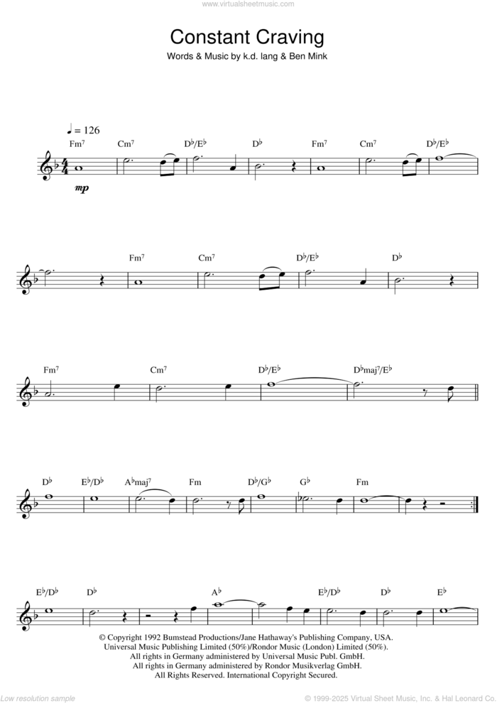 Constant Craving sheet music for saxophone solo by k.d. lang and Ben Mink, intermediate skill level