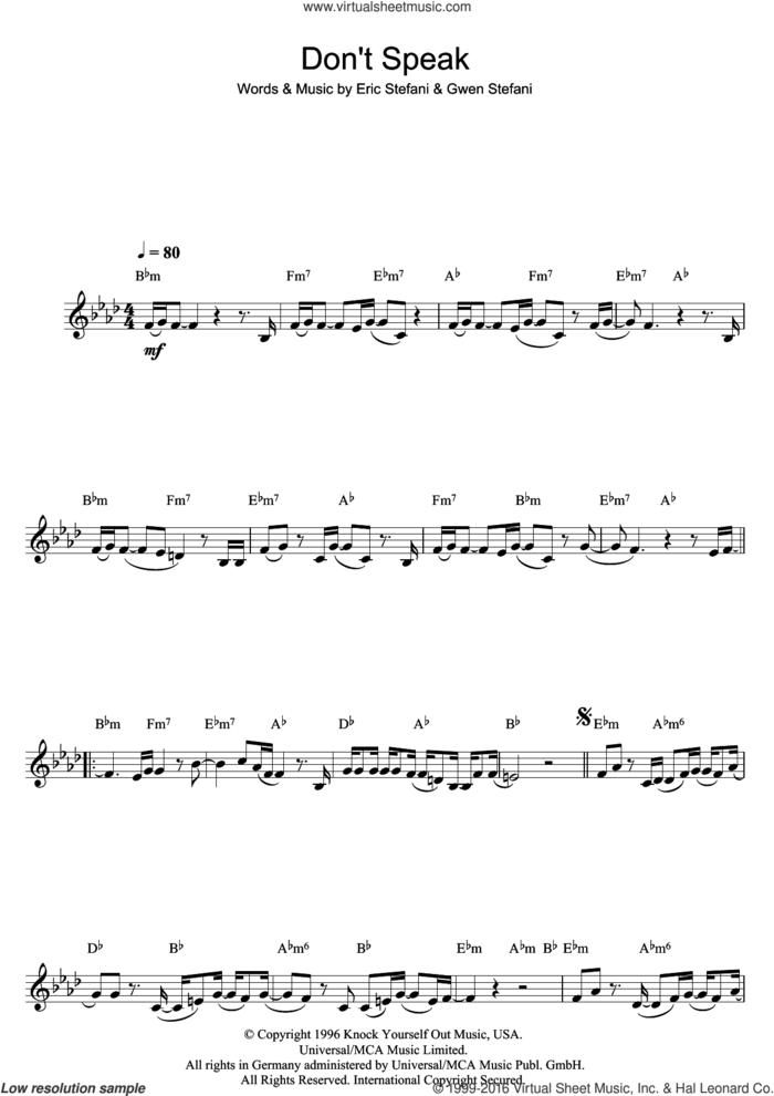 Don't Speak sheet music for clarinet solo by No Doubt, Eric Stefani and Gwen Stefani, intermediate skill level