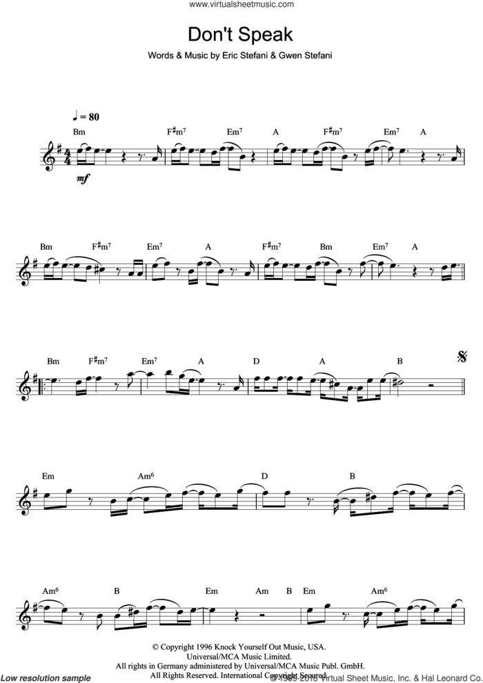 Don't Speak sheet music for flute solo by No Doubt, Eric Stefani and Gwen Stefani, intermediate skill level