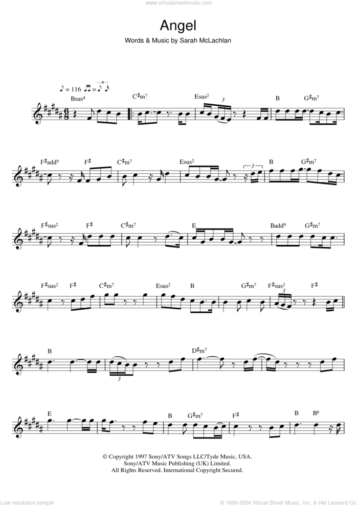 Angel sheet music for flute solo by Sarah McLachlan, intermediate skill level