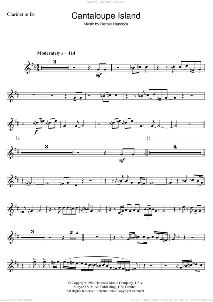 Cantaloupe Island sheet music for clarinet solo by Herbie Hancock, intermediate skill level