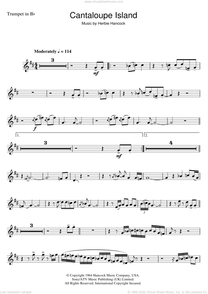 Cantaloupe Island sheet music for trumpet solo by Herbie Hancock, intermediate skill level