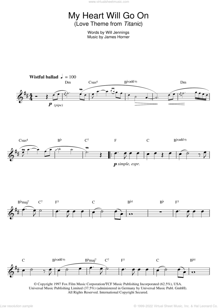 My Heart Will Go On (Love Theme from Titanic) sheet music for saxophone solo by Celine Dion, James Horner and Will Jennings, wedding score, intermediate skill level