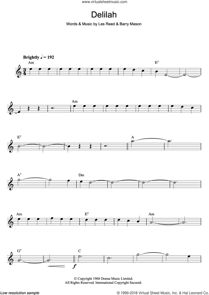 Delilah sheet music for flute solo by Tom Jones, Barry Mason and Les Reed, intermediate skill level