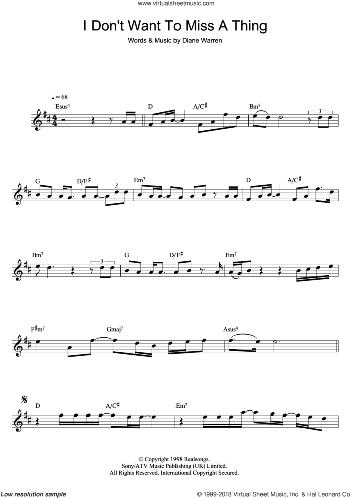 I Don't Want To Miss A Thing sheet music for flute solo by Aerosmith and Diane Warren, intermediate skill level
