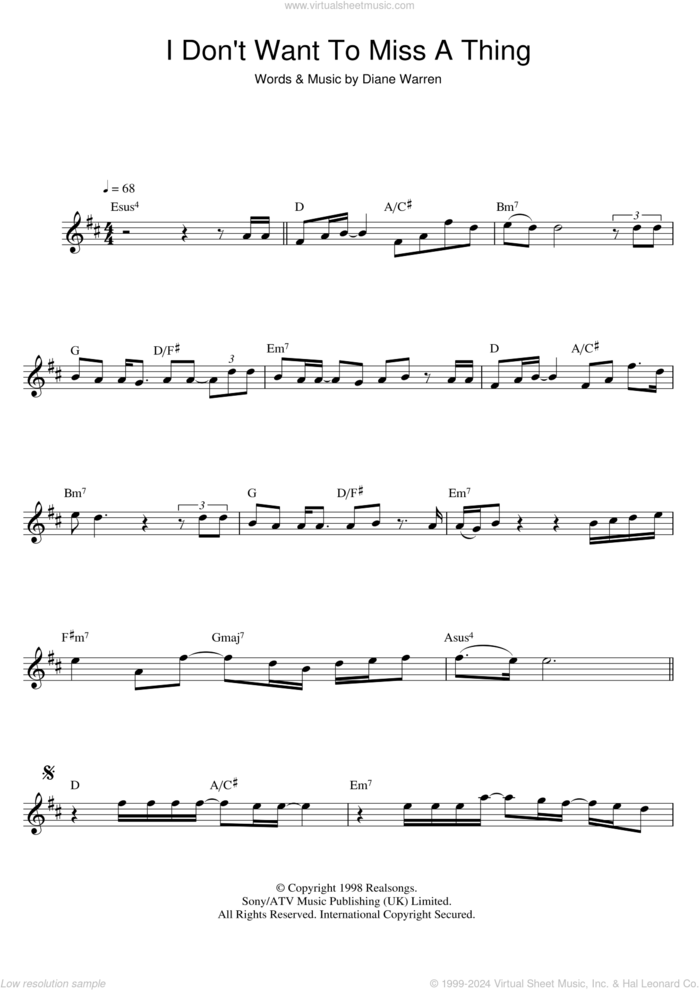 I Don't Want To Miss A Thing sheet music for flute solo by Aerosmith and Diane Warren, intermediate skill level