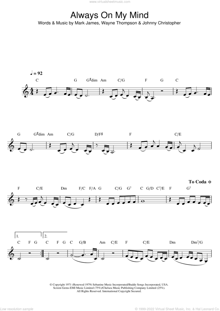 Always On My Mind sheet music for clarinet solo by Elvis Presley, Johnny Christopher, Mark James and Wayne Thompson, intermediate skill level